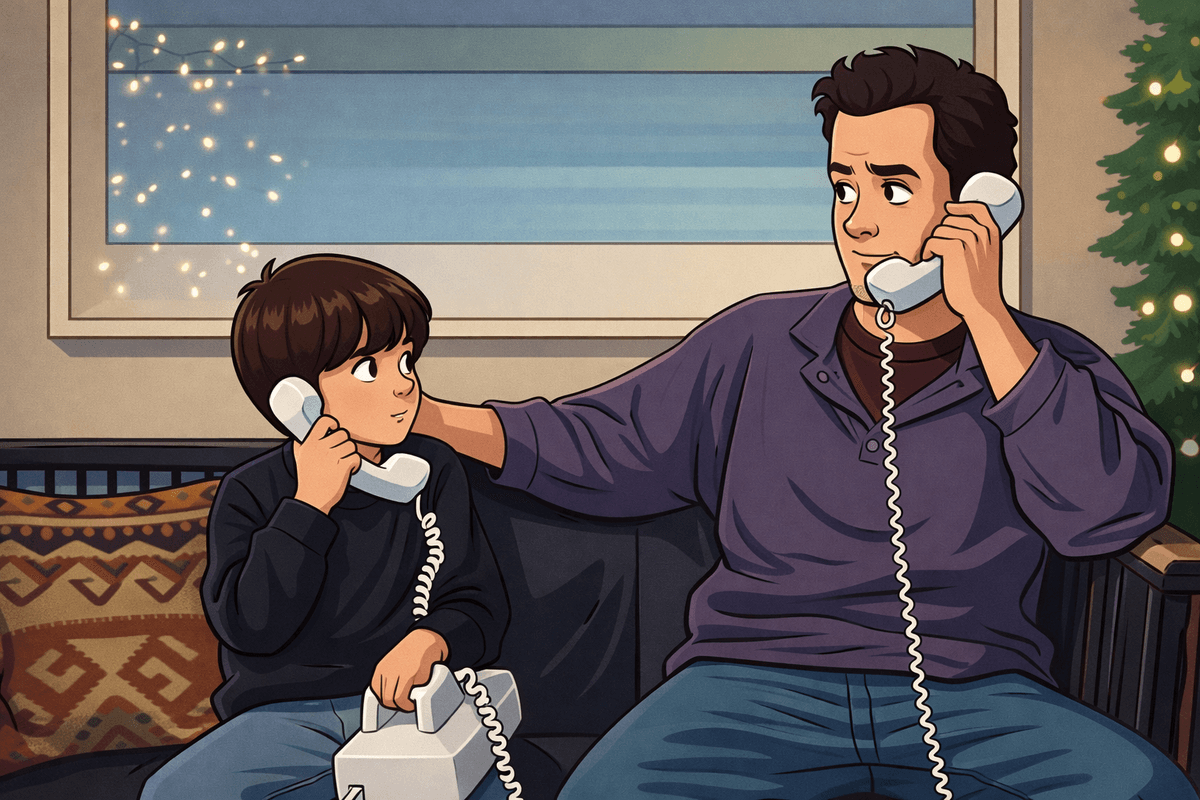 Sleepless in Seattle inspired illustration — father and son on the phone